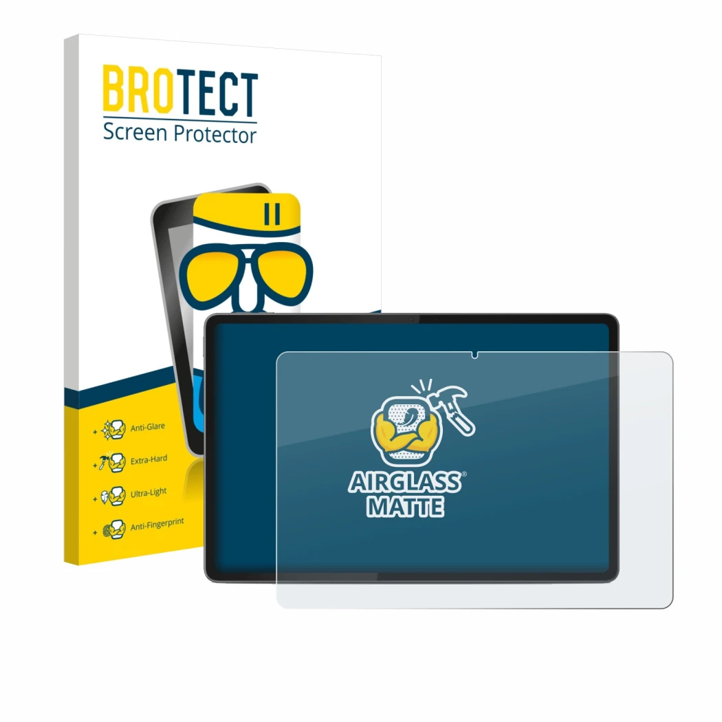 Front side of a product packaging with the brand logo BROTECT. Next to it is the device Lenovo Yoga Tab 11.1