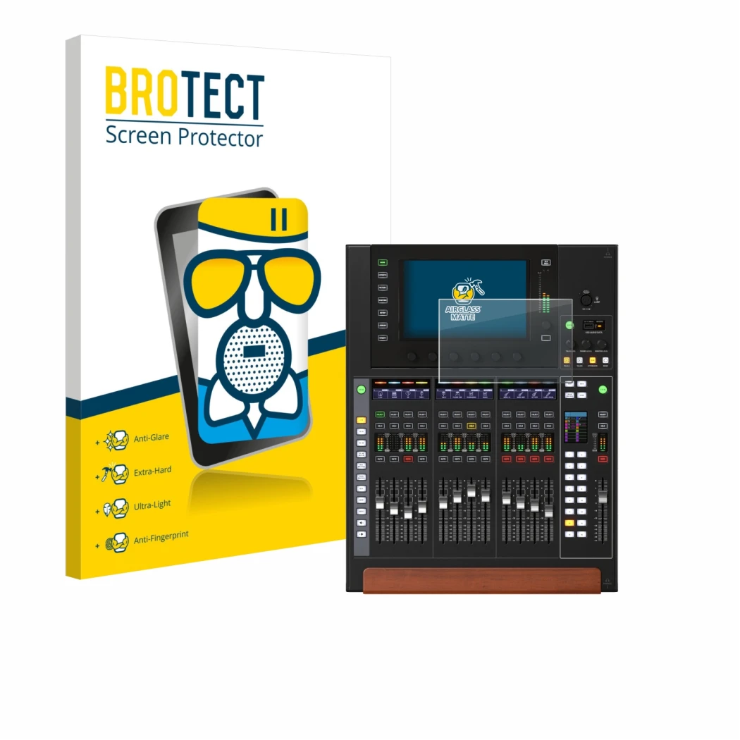Front side of a product packaging with the brand logo BROTECT. Next to it is the device Behringer Wing Compact shown with the