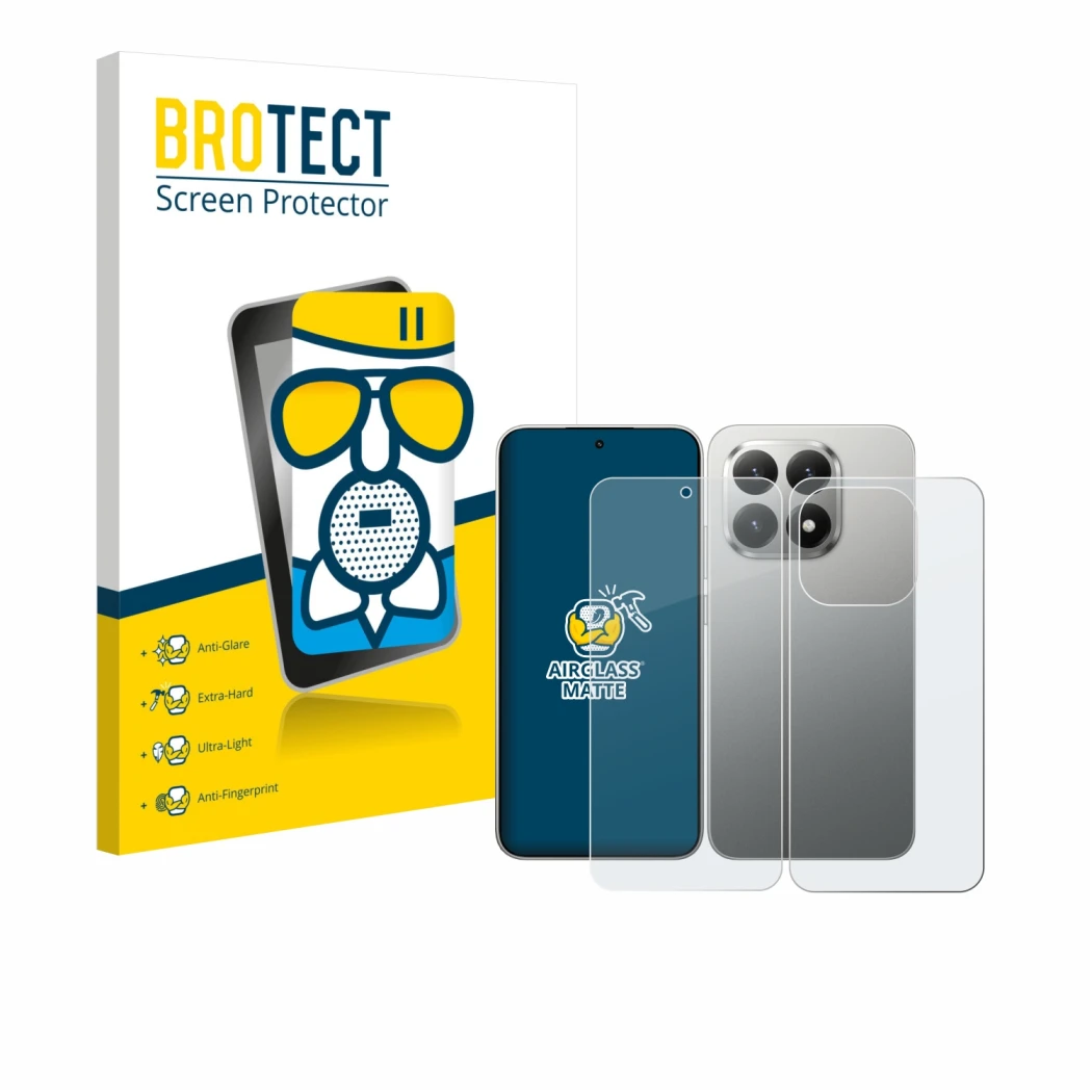 Front side of a product packaging with the brand logo BROTECT. Next to it is the device Xiaomi 15T (Front+Back) shown with the