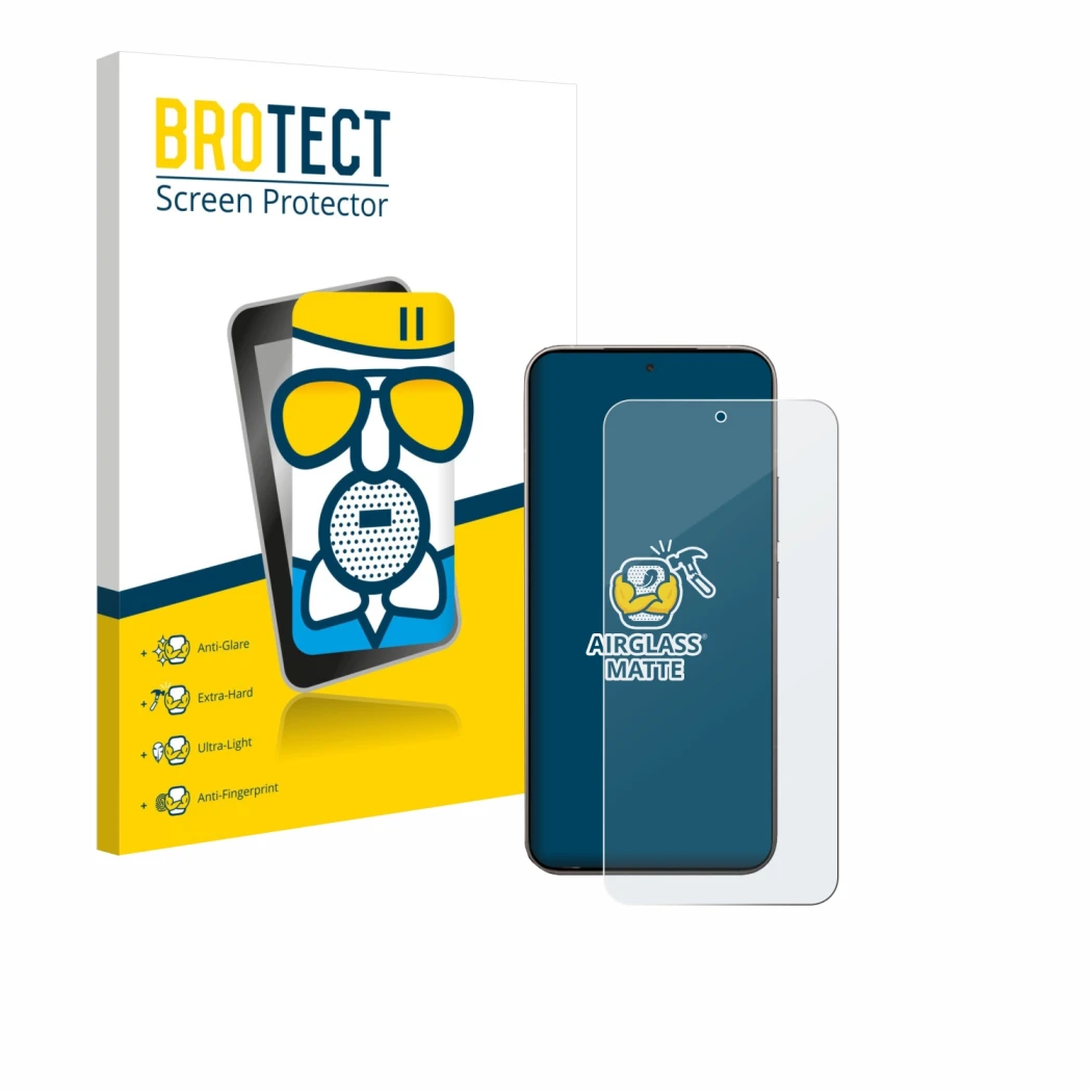 Front side of a product packaging with the brand logo BROTECT. Next to it is the device Xiaomi 15T Pro shown with the correspo