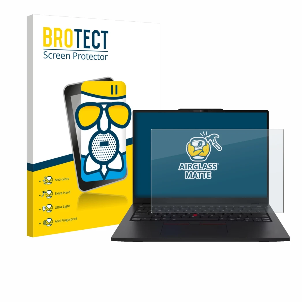 Front side of a product packaging with the brand logo BROTECT. Next to it is the device Lenovo ThinkPad L13 Gen 6 shown with t