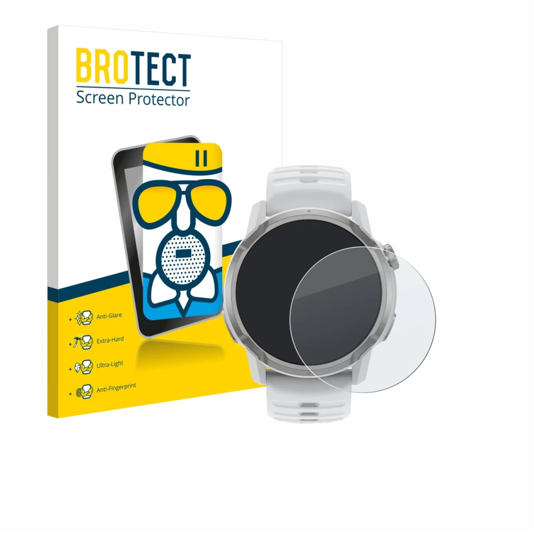 Front side of a product packaging with the brand logo BROTECT. Next to it is the device Coros Apex 4 (46 mm) shown with the co