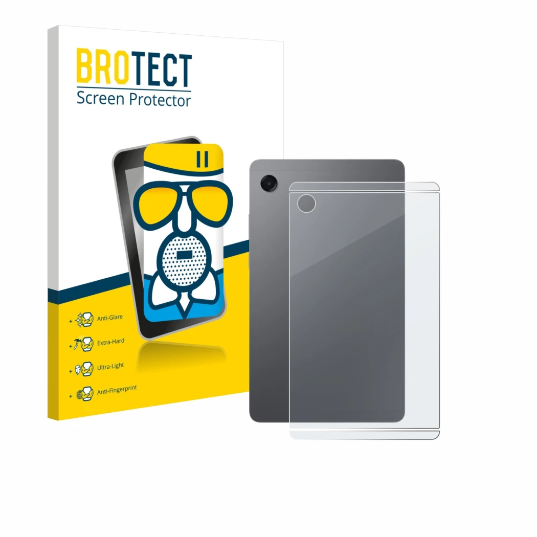 Front side of a product packaging with the brand logo BROTECT. Next to it is the device Samsung Galaxy Tab A11 8.7