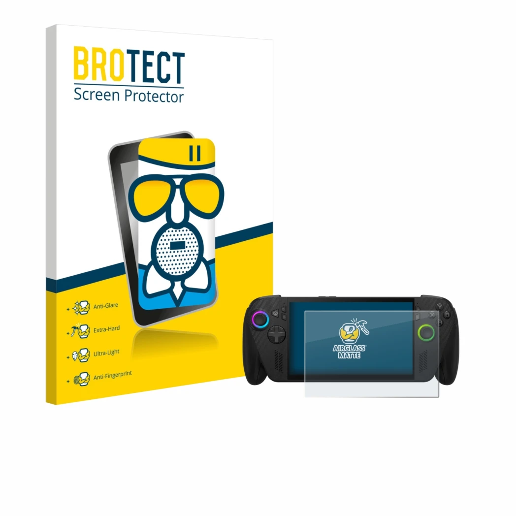 Front side of a product packaging with the brand logo BROTECT. Next to it is the device ASUS ROG Ally X 2025 shown with the co