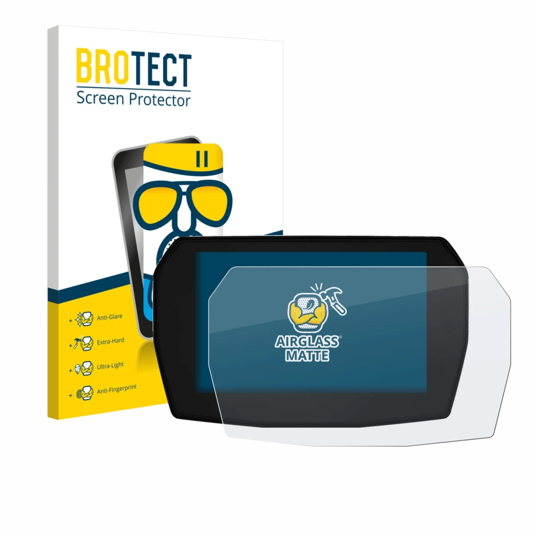 Front side of a product packaging with the brand logo BROTECT. Next to it is the device Ducati Multistrada V2 2025 shown with 