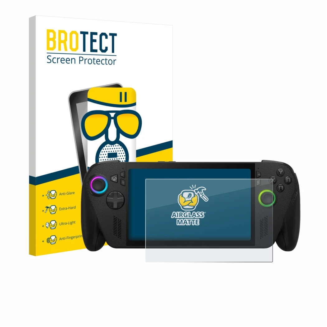 Front side of a product packaging with the brand logo BROTECT. Next to it is the device ASUS ROG Xbox Ally X shown with the co