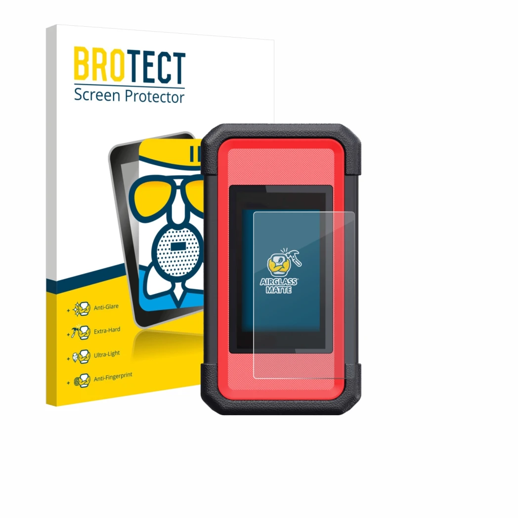 Front side of a product packaging with the brand logo BROTECT. Next to it is the device Launch X431 SmartLink C V2.0 shown wit