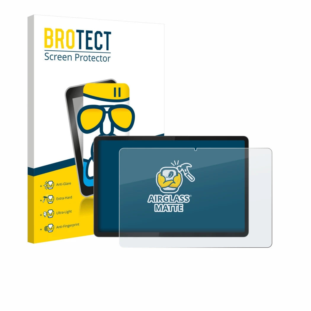 Front side of a product packaging with the brand logo BROTECT. Next to it is the device Lenovo Idea Tab Plus 12.1