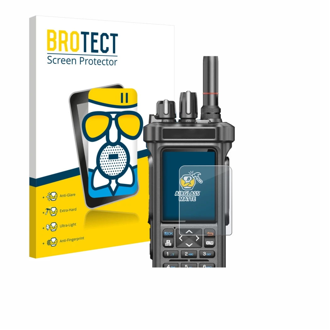 Front side of a product packaging with the brand logo BROTECT. Next to it is the device Radtel RT-950 Pro shown with the corre