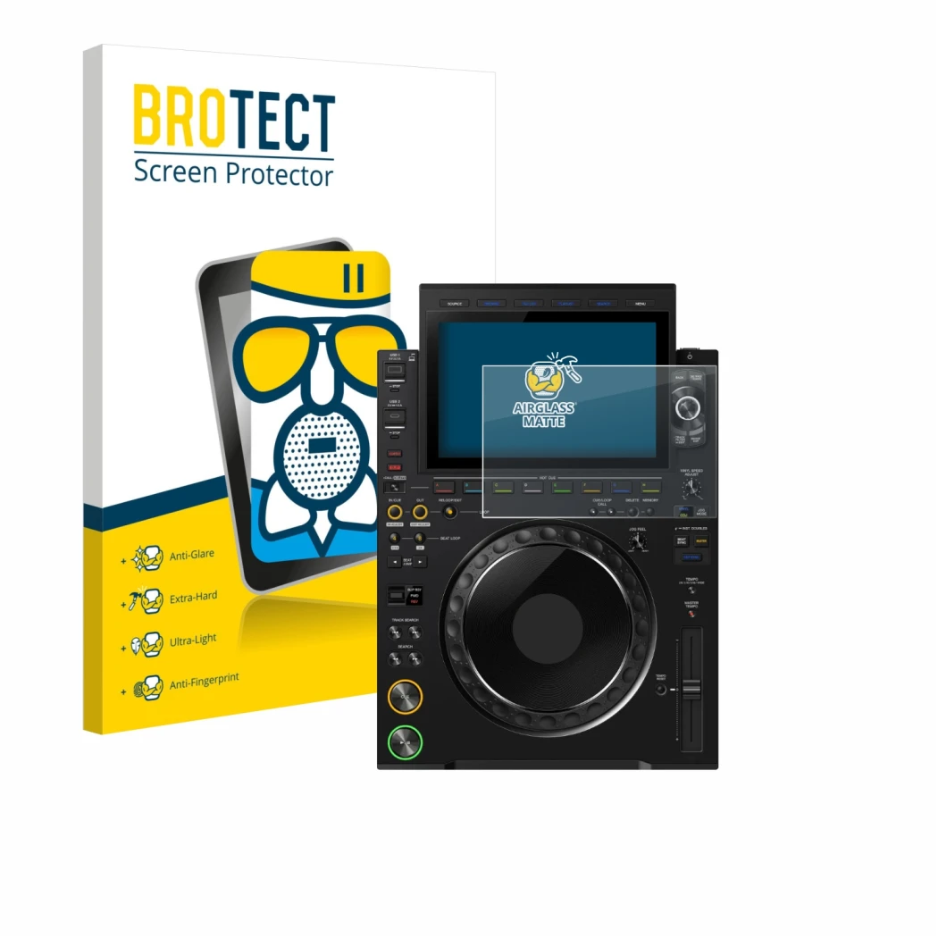 Front side of a product packaging with the brand logo BROTECT. Next to it is the device Pioneer CDJ 3000X shown with the corre