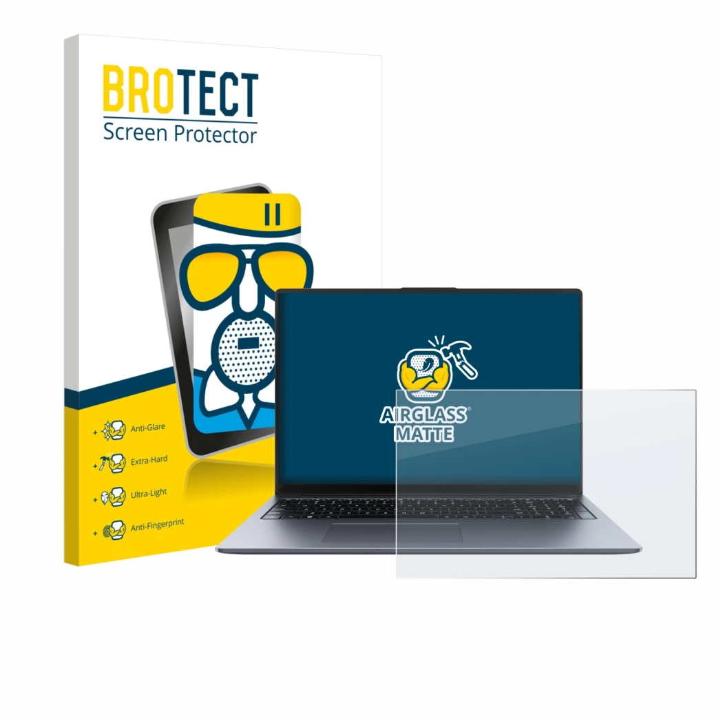 Front side of a product packaging with the brand logo BROTECT. Next to it is the device Huawei MateBook D 16 2024 shown with t