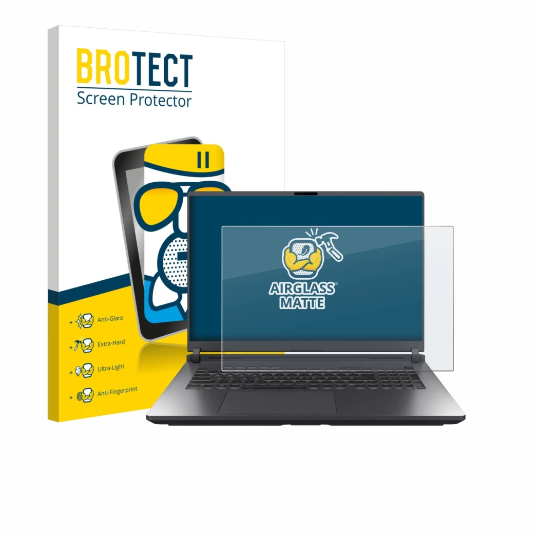 Front side of a product packaging with the brand logo BROTECT. Next to it is the device ASUS ROG Strix G18 G815 2025 shown wit