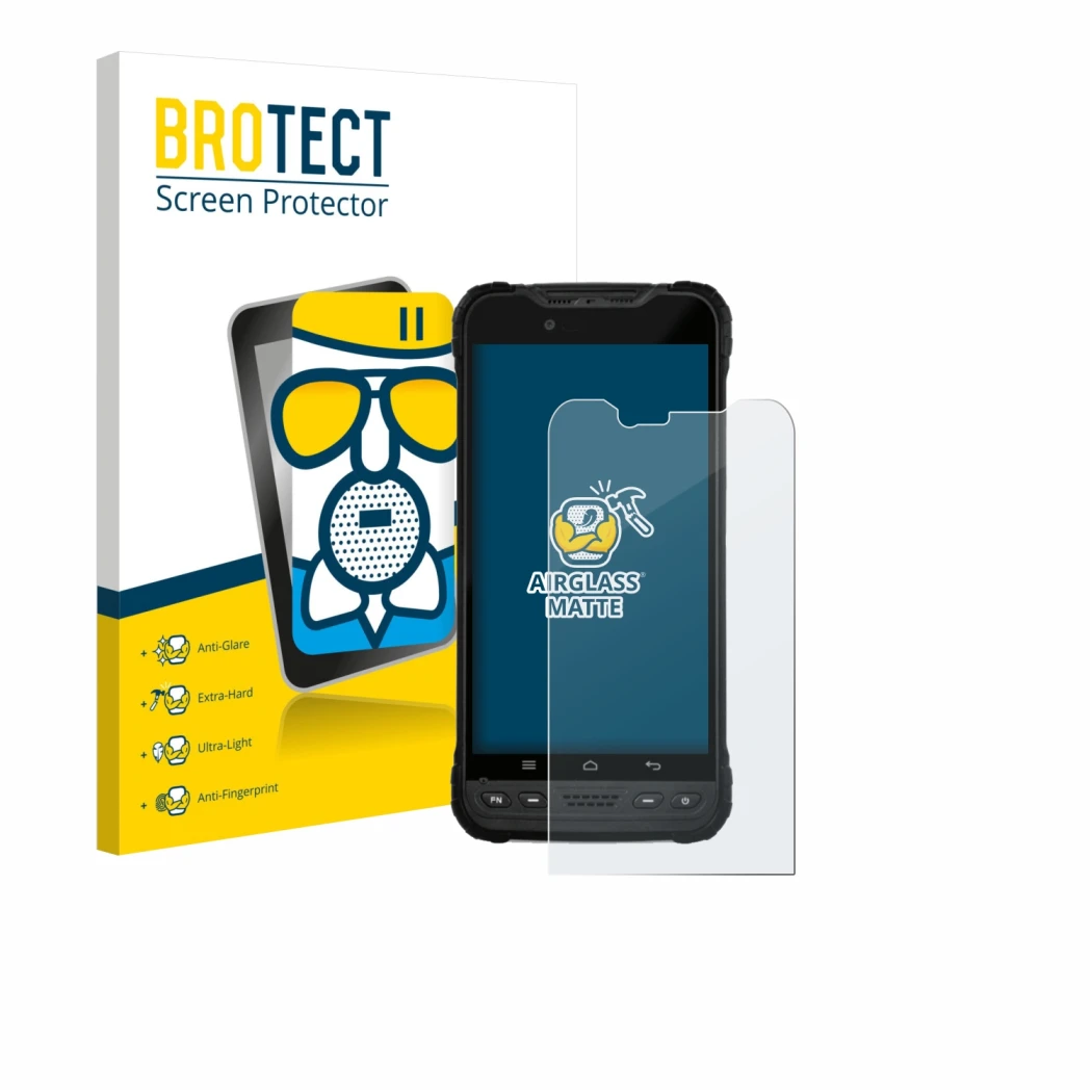 Front side of a product packaging with the brand logo BROTECT. Next to it is the device Zebra Xplore M60 shown with the corres