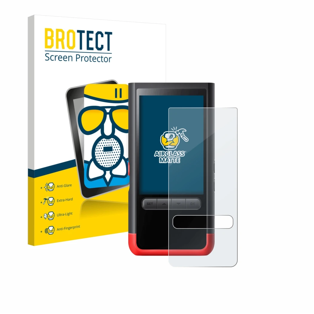 Front side of a product packaging with the brand logo BROTECT. Next to it is the device ThermoMaven P2 shown with the correspo