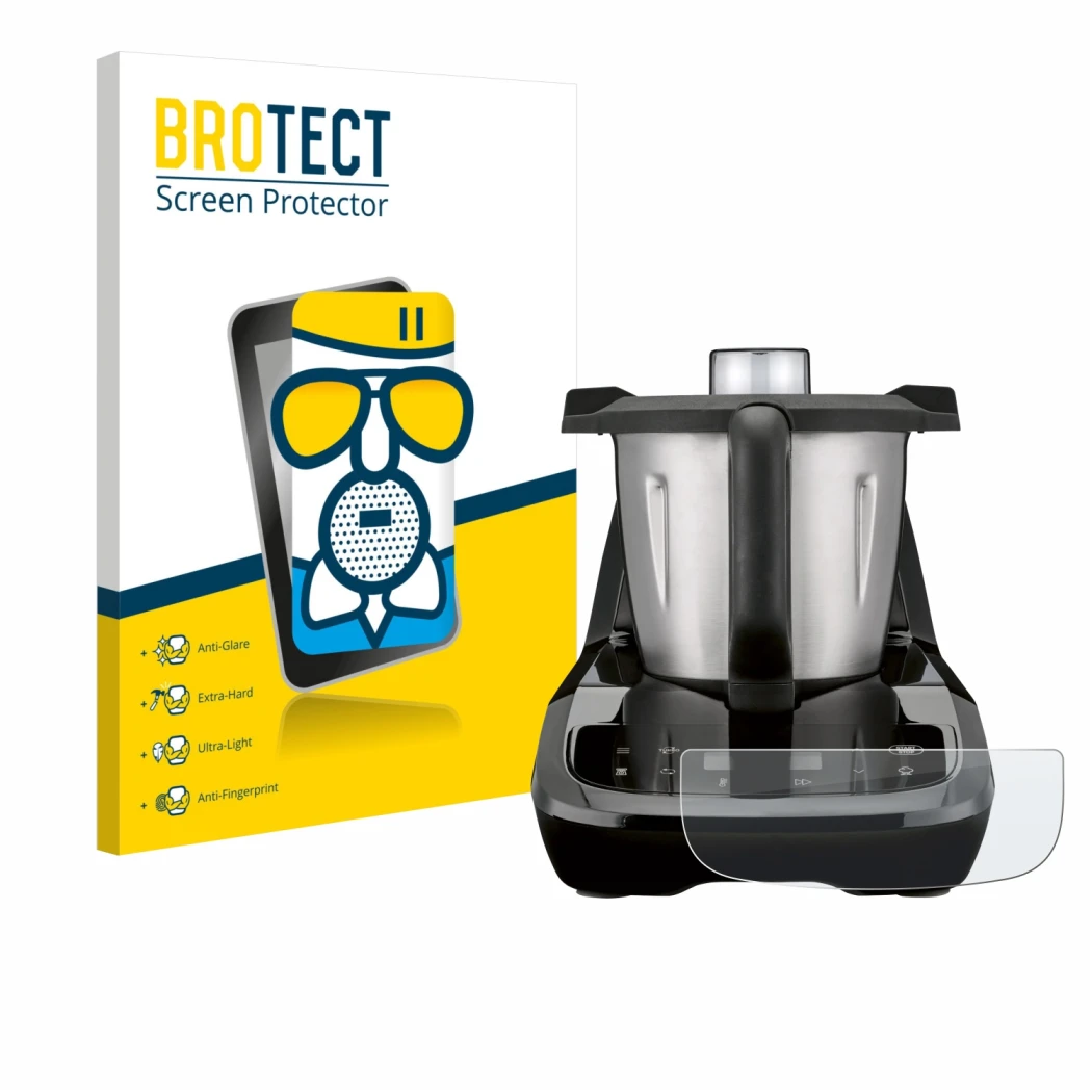 Front side of a product packaging with the brand logo BROTECT. Next to it is the device SilverCrest Monsieur Cuisine compact s