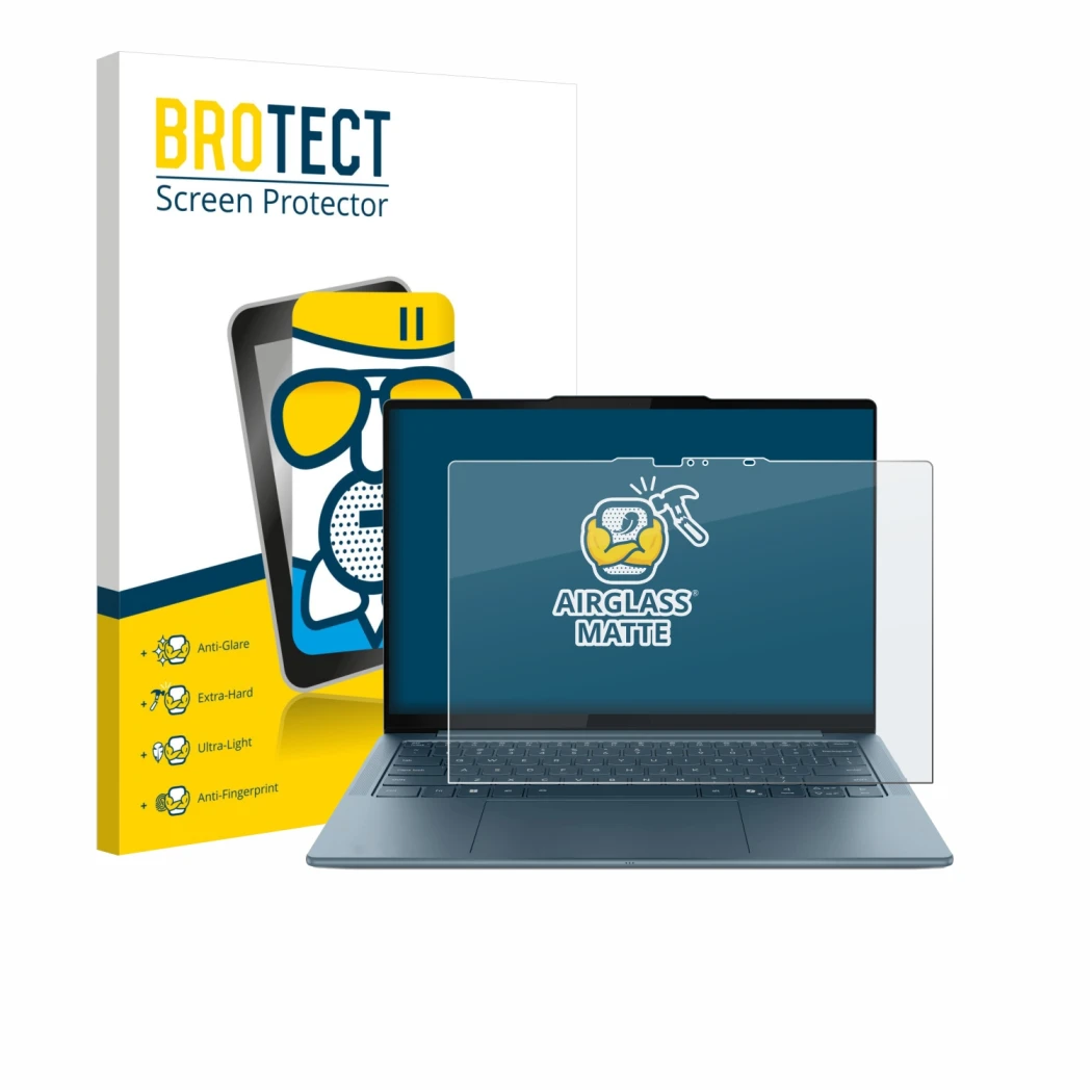 Front side of a product packaging with the brand logo BROTECT. Next to it is the device Lenovo Yoga Slim 7 Gen 10 14