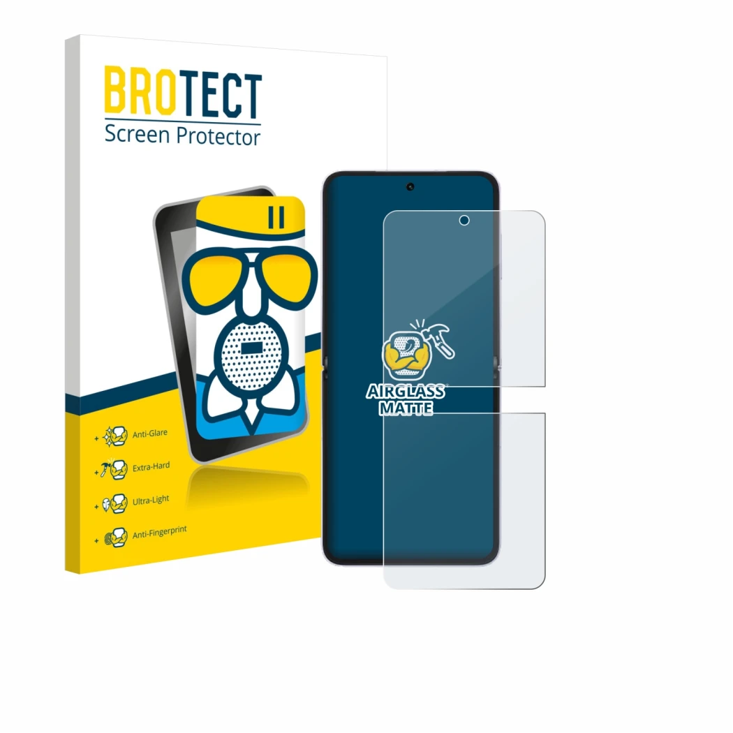 Front side of a product packaging with the brand logo BROTECT. Next to it is the device Honor Magic V Flip 2 shown with the co