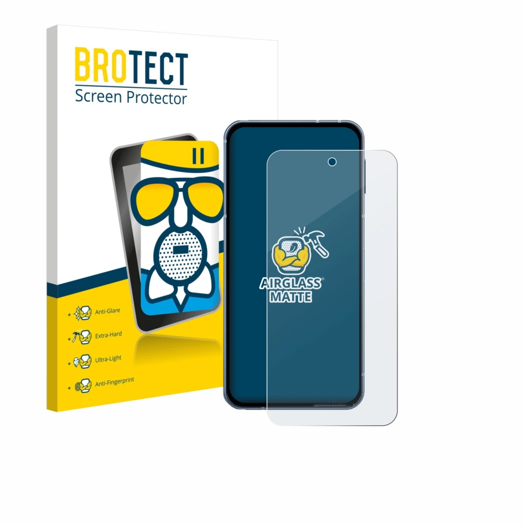 Front side of a product packaging with the brand logo BROTECT. Next to it is the device Sharp Aquos Sense 10 shown with the co