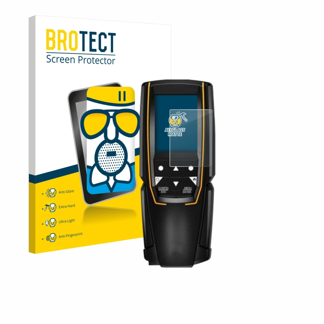 Front side of a product packaging with the brand logo BROTECT. Next to it is the device Testo 310 (2nd Gen.) shown with the co