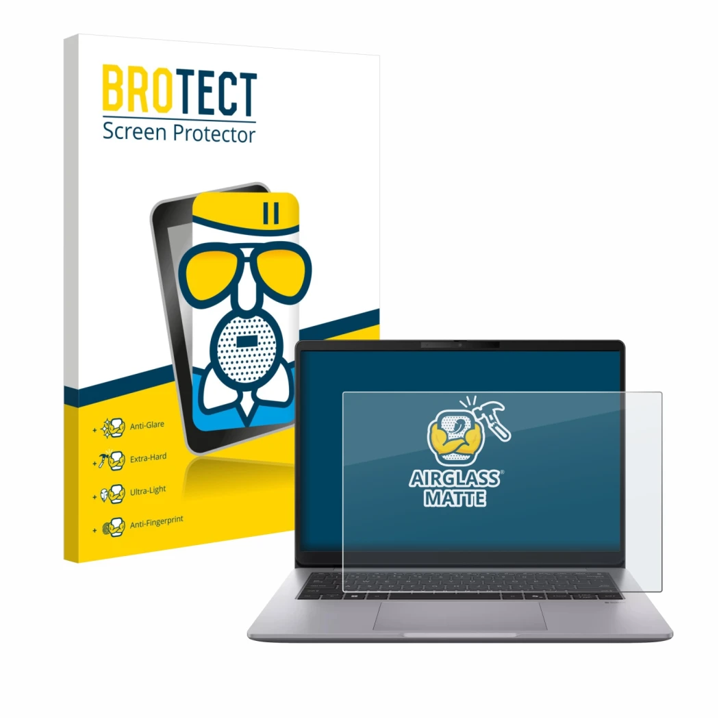 Front side of a product packaging with the brand logo BROTECT. Next to it is the device ASUS ExpertBook P3 G2 shown with the c