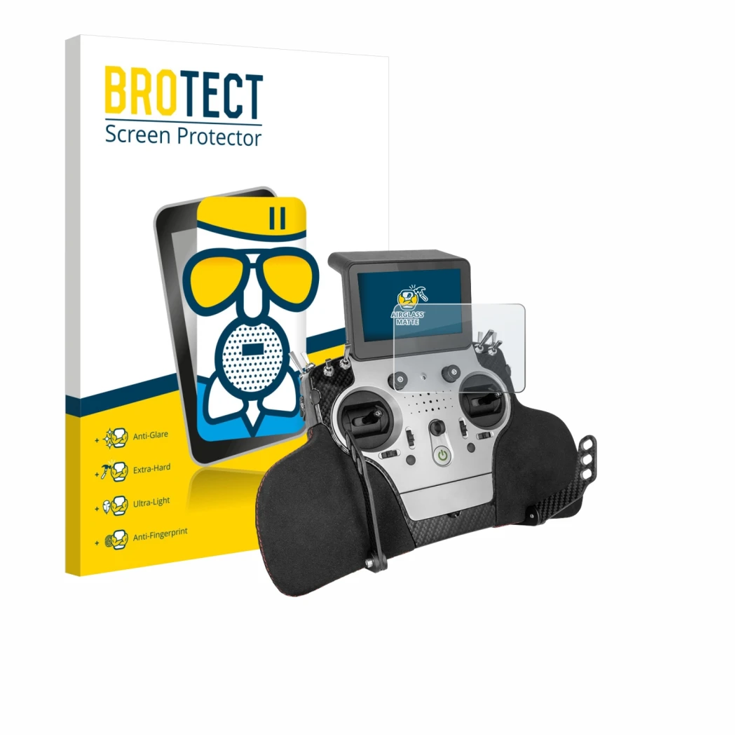 Front side of a product packaging with the brand logo BROTECT. Next to it is the device PowerBox Systems Core shown with the c