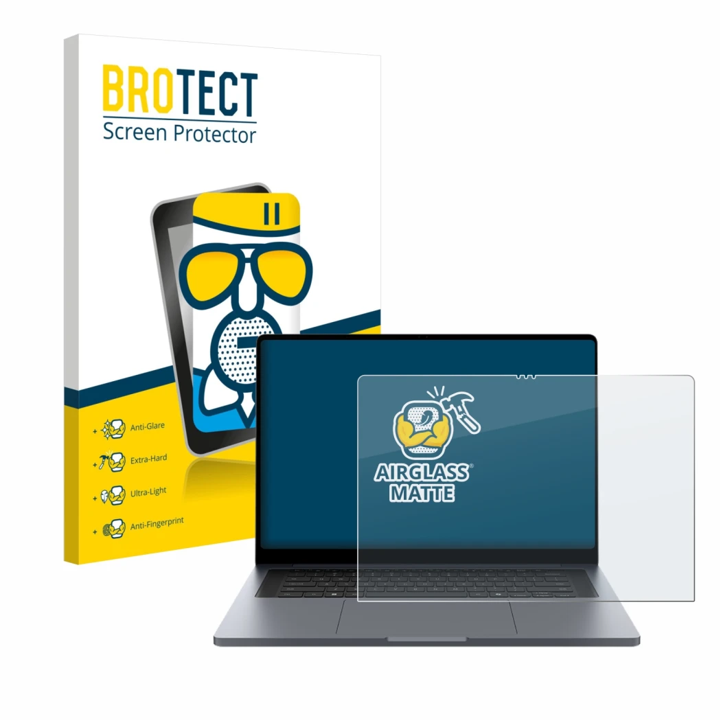 Front side of a product packaging with the brand logo BROTECT. Next to it is the device Samsung Galaxy Book6 Ultra 16