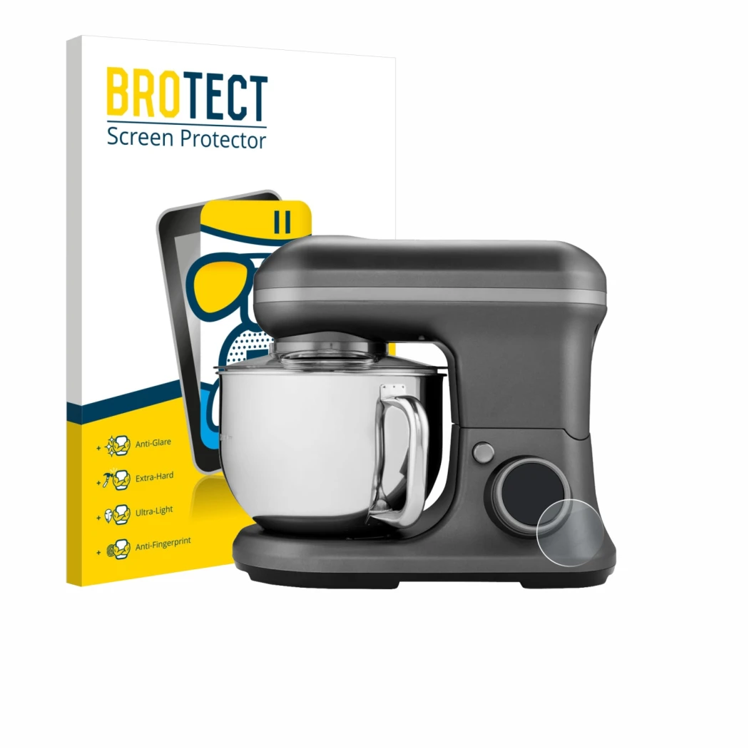 Front side of a product packaging with the brand logo BROTECT. Next to it is the device MEDION MD 18420 shown with the corresp