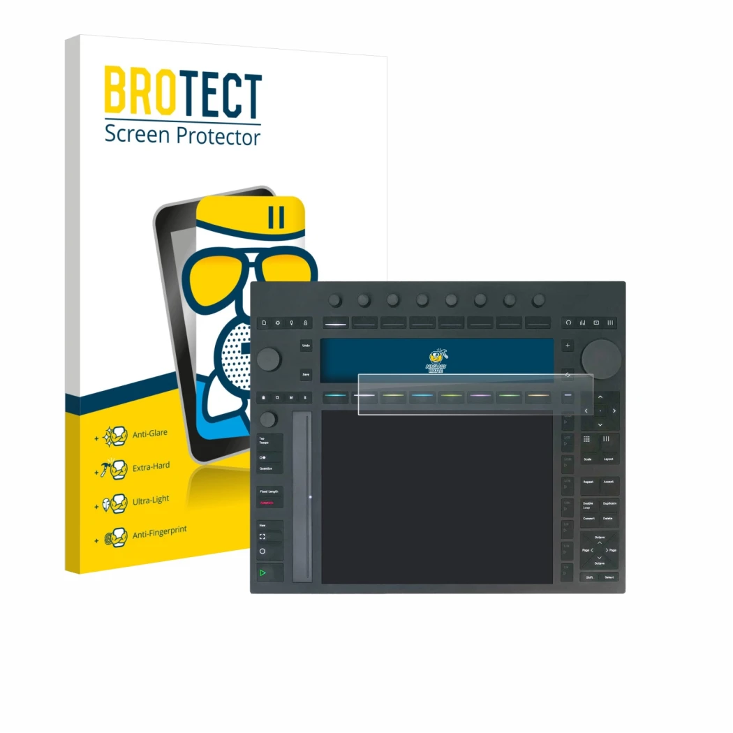 Front side of a product packaging with the brand logo BROTECT. Next to it is the device Ableton Push 3 shown with the correspo