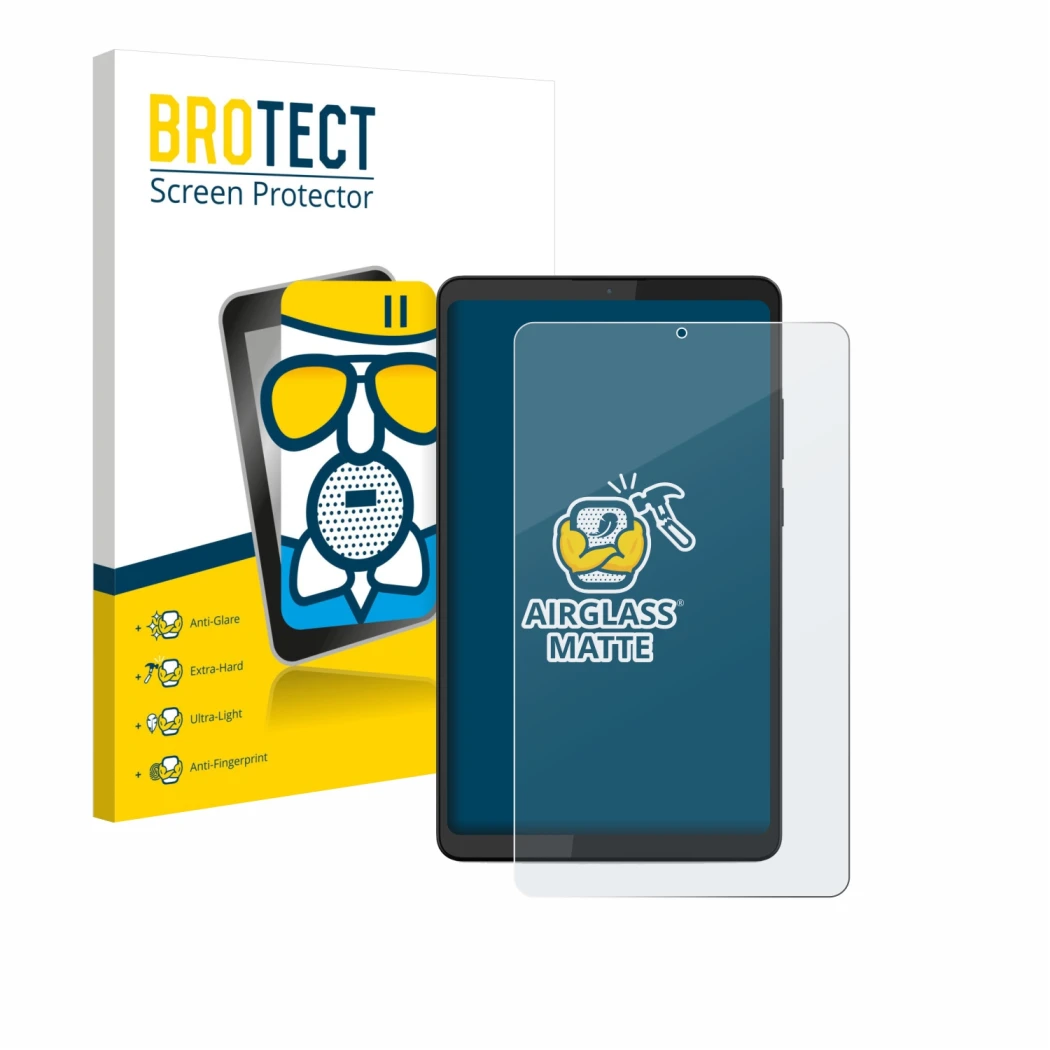 Front side of a product packaging with the brand logo BROTECT. Next to it is the device Lenovo Tab K9 shown with the correspon