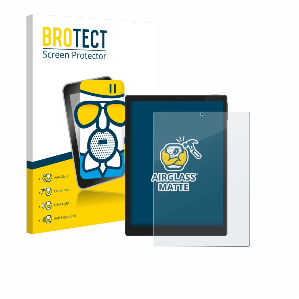 Front side of a product packaging with the brand logo BROTECT. Next to it is the device Hannspree Lumo 7.8 shown with the corr