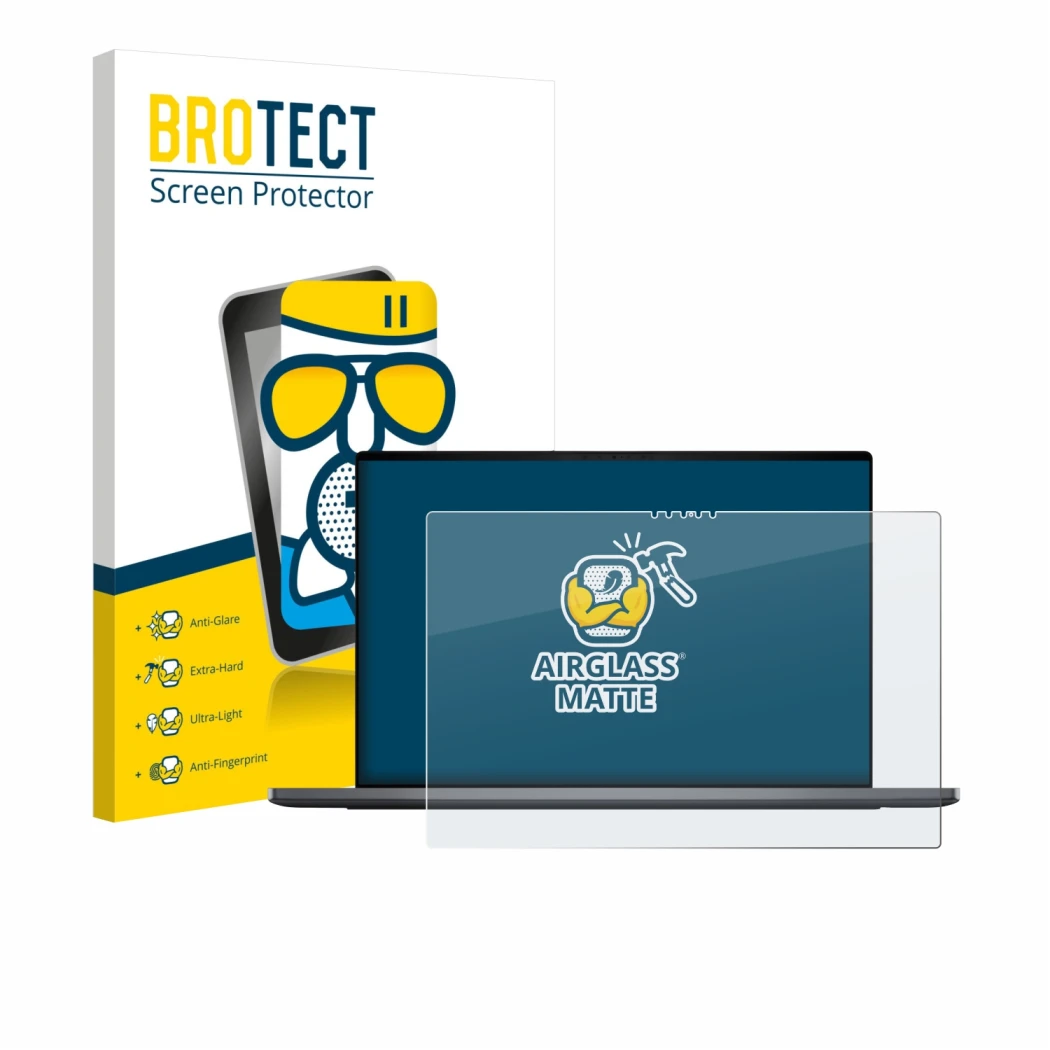 Front side of a product packaging with the brand logo BROTECT. Next to it is the device Dell XPS 16 DA16260 shown with the cor