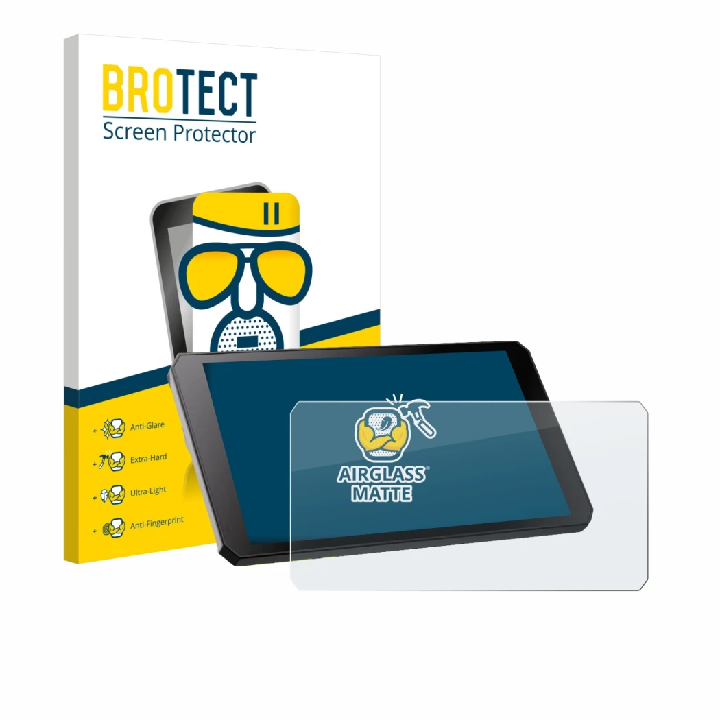 Front side of a product packaging with the brand logo BROTECT. Next to it is the device RiderNav R7M shown with the correspond