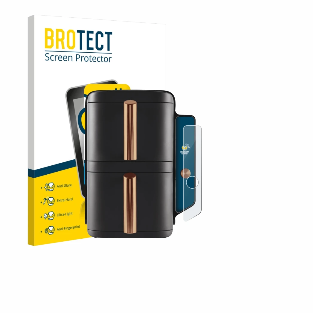 Front side of a product packaging with the brand logo BROTECT. Next to it is the device Ninja Double Stack XL sl400eu shown wi