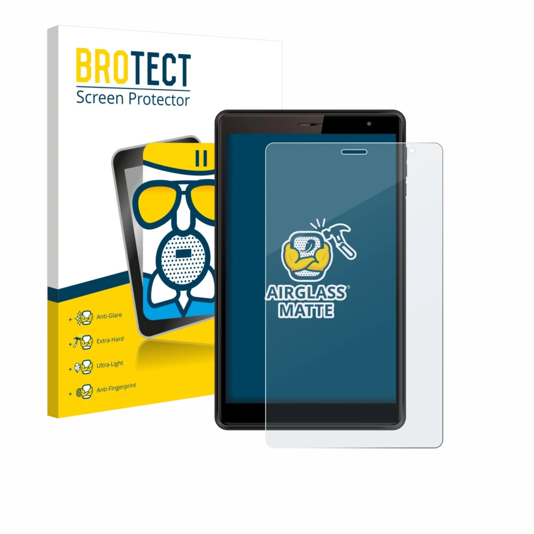 Front side of a product packaging with the brand logo BROTECT. Next to it is the device Logicom Tab 80 8