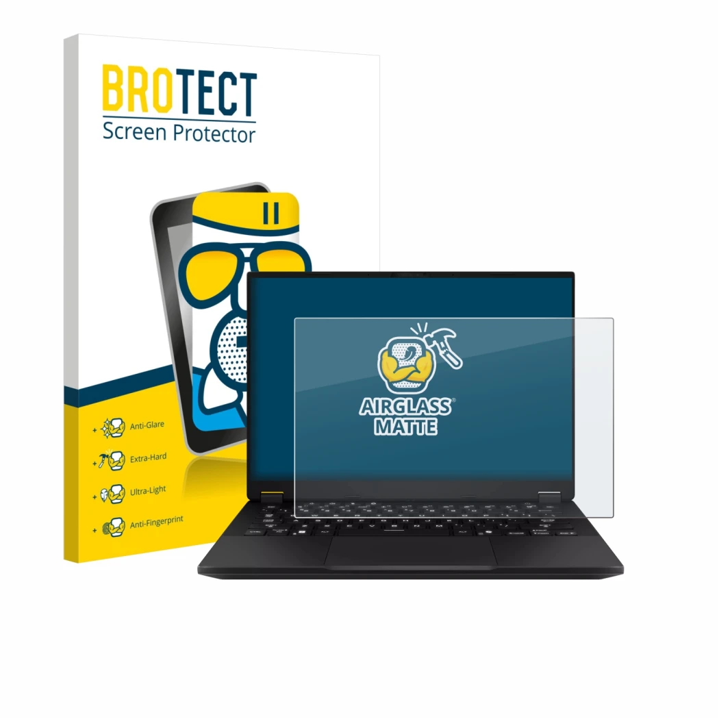 Front side of a product packaging with the brand logo BROTECT. Next to it is the device ASUS TUF Gaming A14 shown with the cor