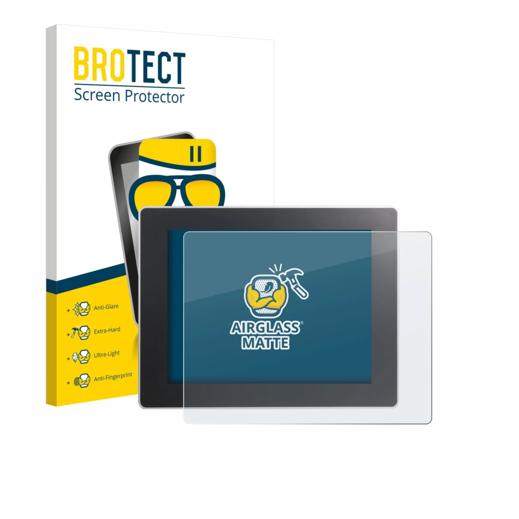 Front side of a product packaging with the brand logo BROTECT. Next to it is the device Weintek cMT3092X shown with the corres