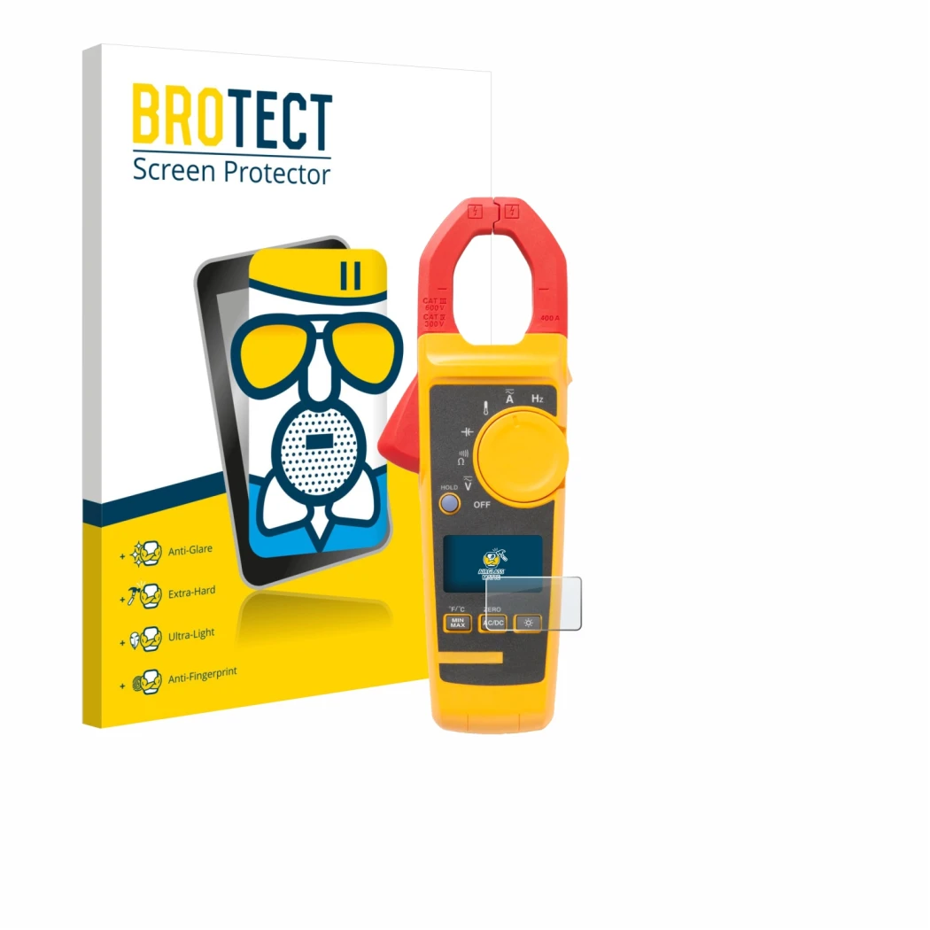 Front side of a product packaging with the brand logo BROTECT. Next to it is the device Fluke 325 shown with the corresponding