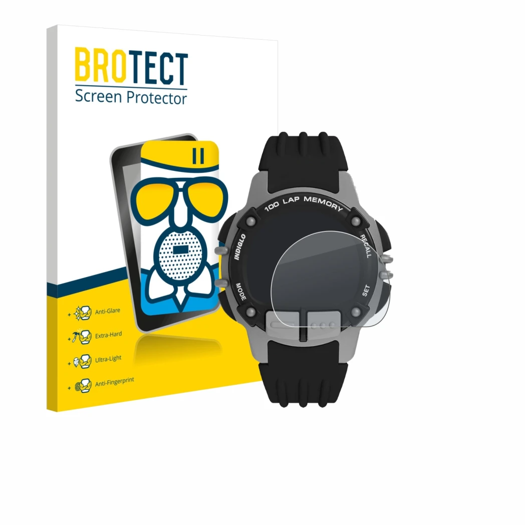 Front side of a product packaging with the brand logo BROTECT. Next to it is the device Timex Ironman TW5M63200 shown with the