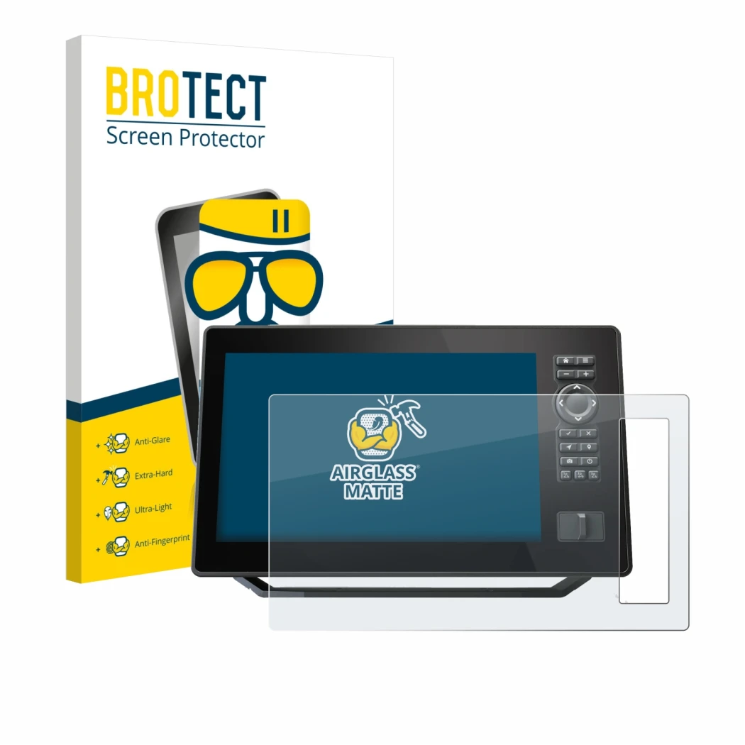 Front side of a product packaging with the brand logo BROTECT. Next to it is the device Humminbird Xplore 9 shown with the cor