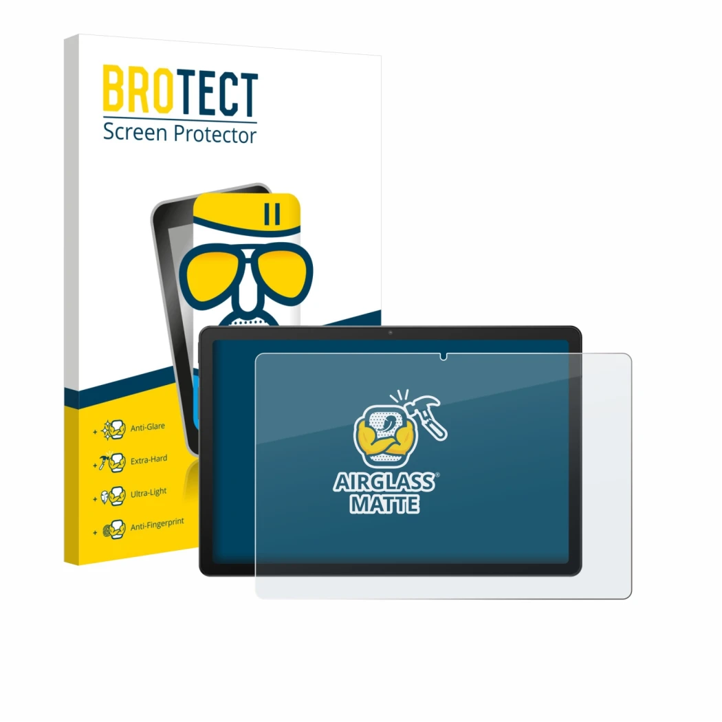 Front side of a product packaging with the brand logo BROTECT. Next to it is the device Sunmi CPad 8.7