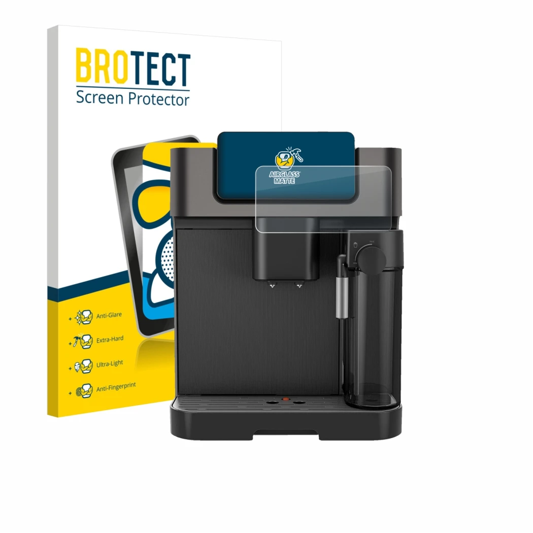 Front side of a product packaging with the brand logo BROTECT. Next to it is the device Grundig KVA 7230 shown with the corres