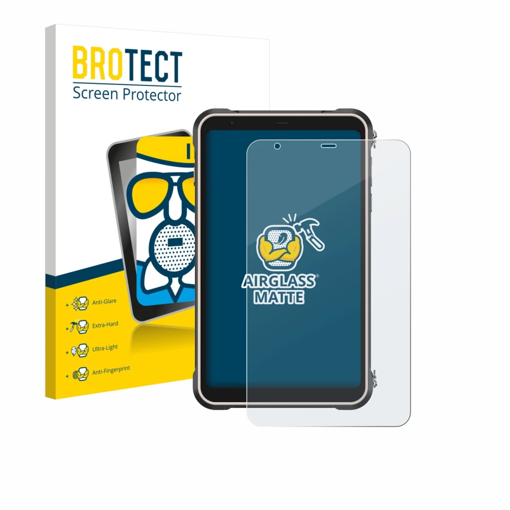 Front side of a product packaging with the brand logo BROTECT. Next to it is the device Ulefone RugKing Pad Pro shown with the