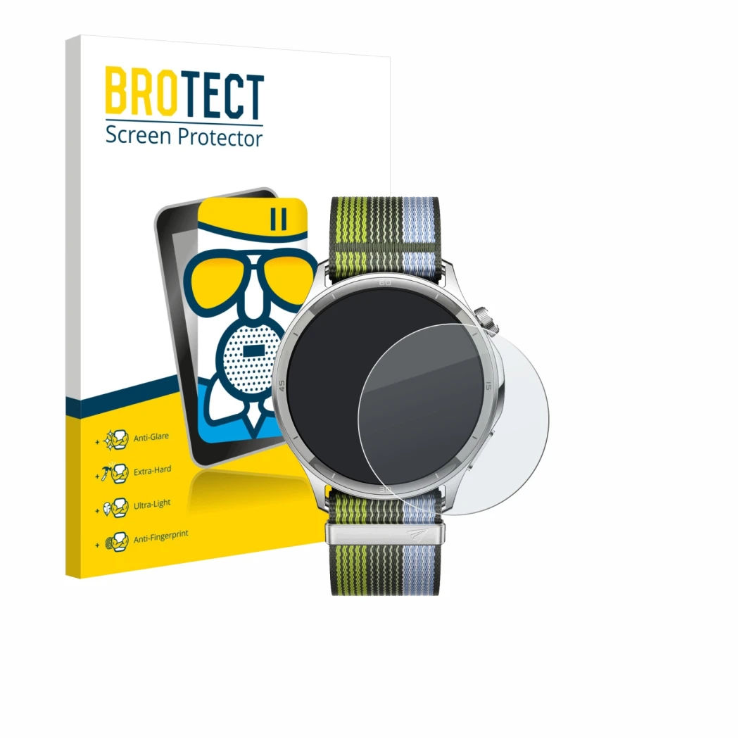 Front side of a product packaging with the brand logo BROTECT. Next to it is the device Oppo Watch S shown with the correspond