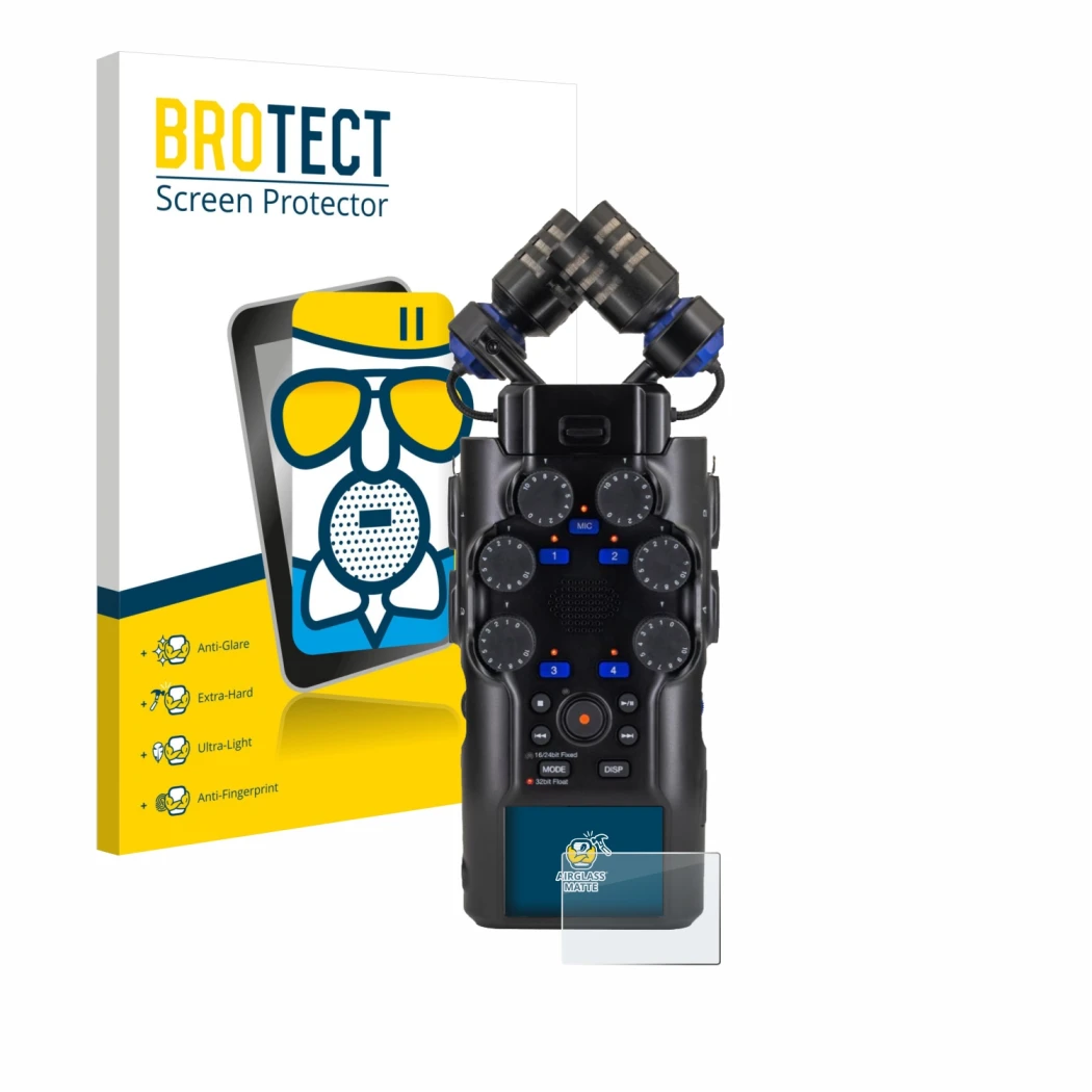 Front side of a product packaging with the brand logo BROTECT. Next to it is the device Zoom H6 studio shown with the correspo