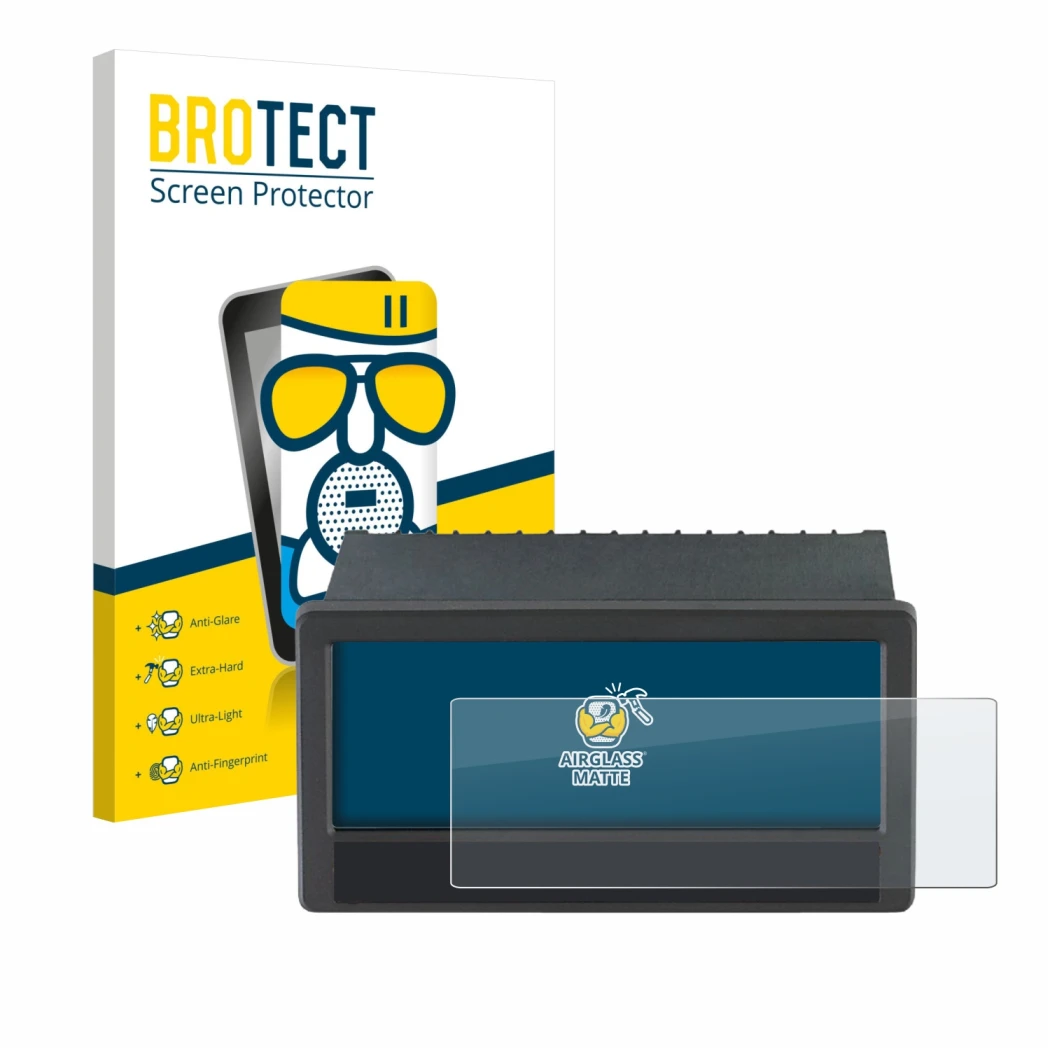 Front side of a product packaging with the brand logo BROTECT. Next to it is the device ifm DX2055 shown with the correspondin