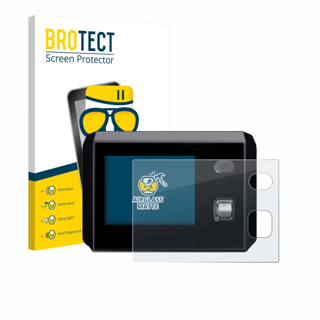 Front side of a product packaging with the brand logo BROTECT. Next to it is the device SkyRC MC5000 shown with the correspond