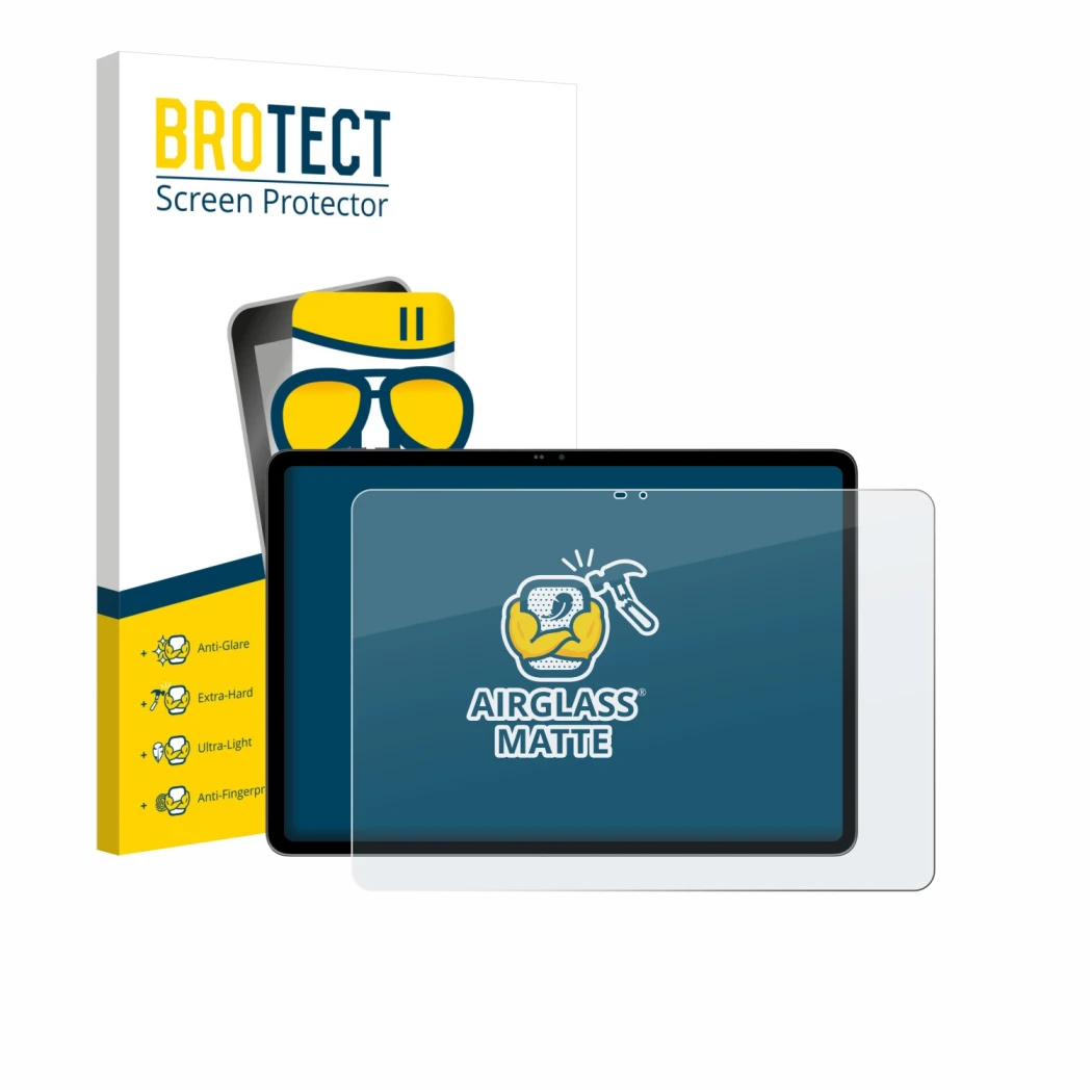 Front side of a product packaging with the brand logo BROTECT. Next to it is the device Blackview MEGA 12 shown with the corre