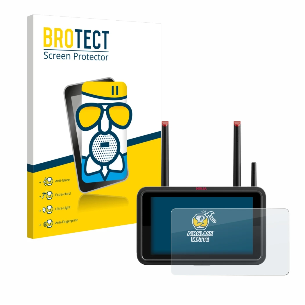 Front side of a product packaging with the brand logo BROTECT. Next to it is the device Atomos Ninja TX shown with the corresp