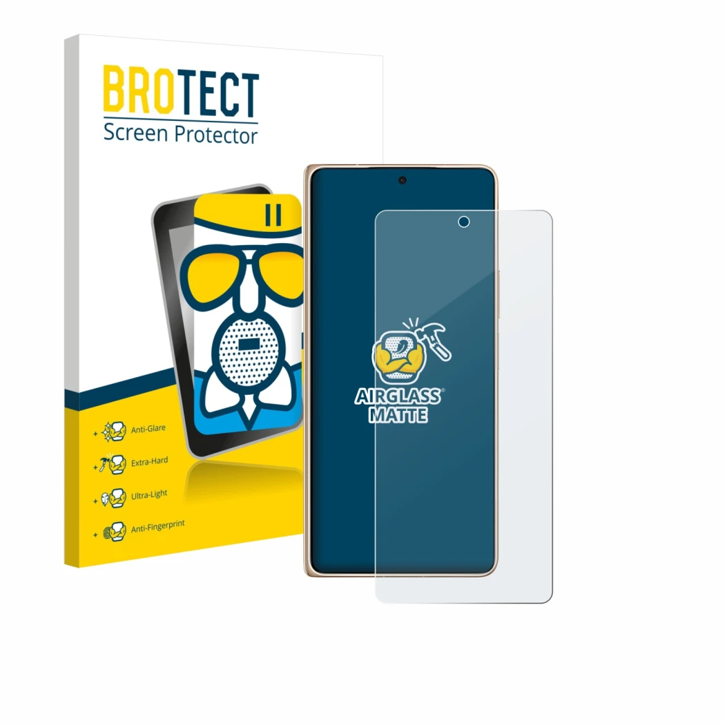 Front side of a product packaging with the brand logo BROTECT. Next to it is the device Honor Magic V6 shown with the correspo