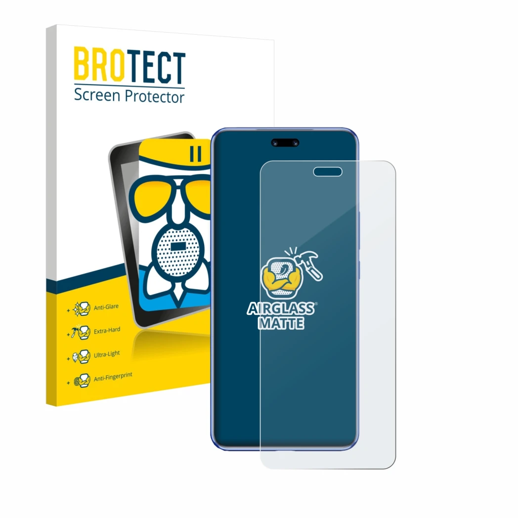 Front side of a product packaging with the brand logo BROTECT. Next to it is the device Huawei Nova 12 Pro shown with the corr